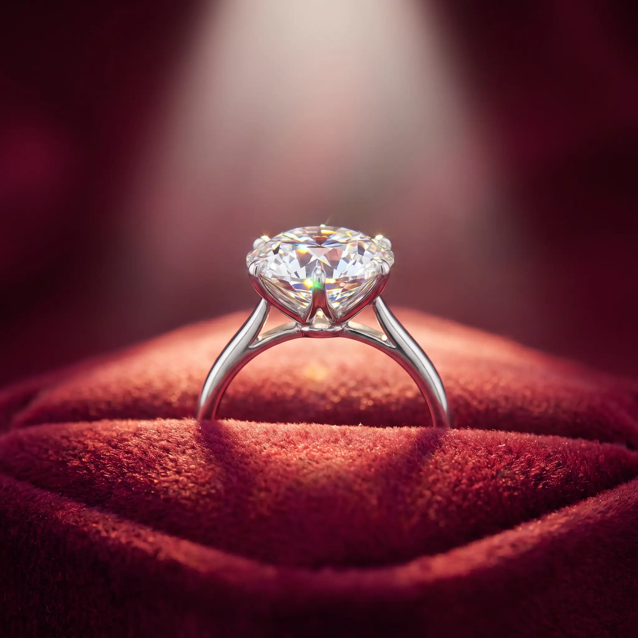 Diamond ring on red velvet with sparkle