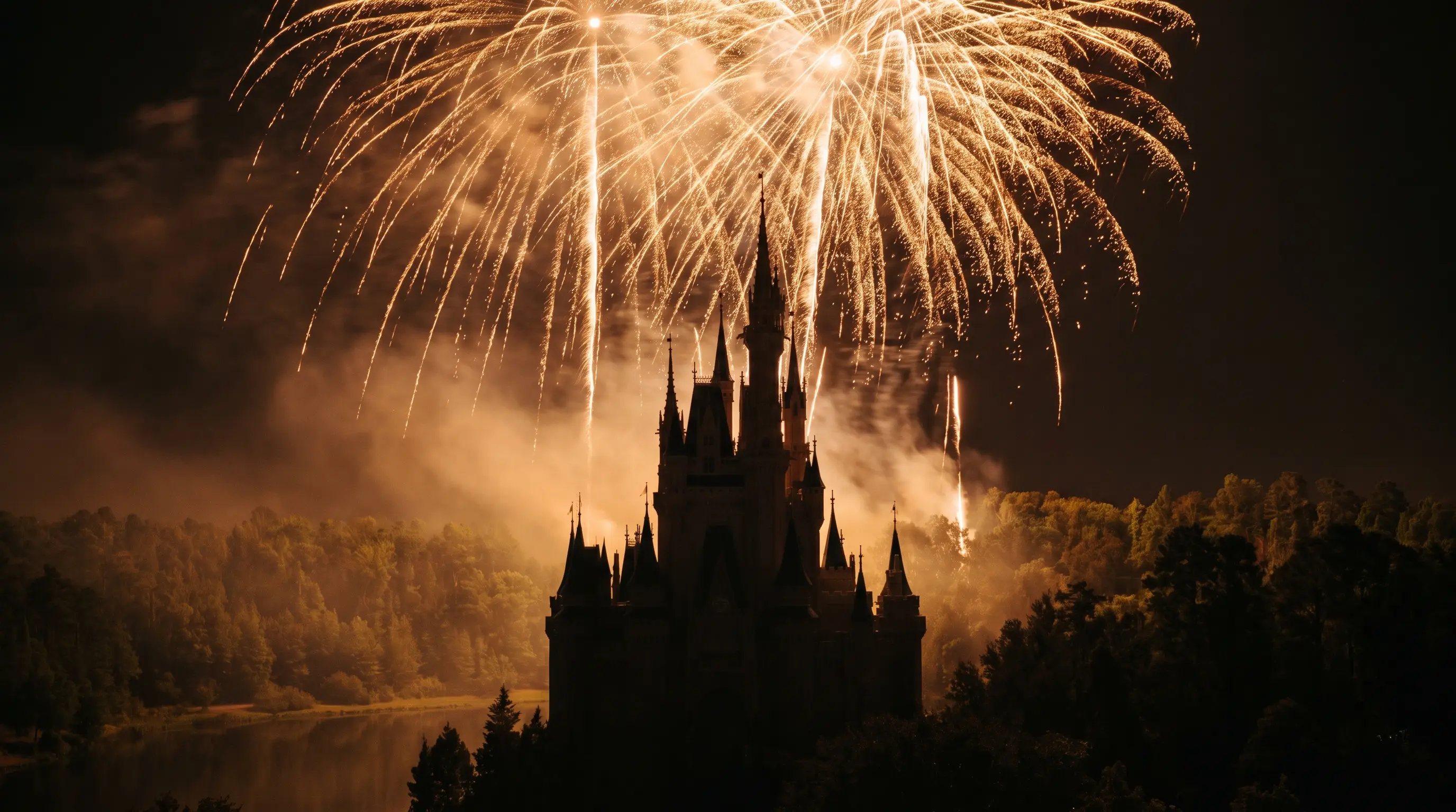 Castle silhouette with golden fireworks at night