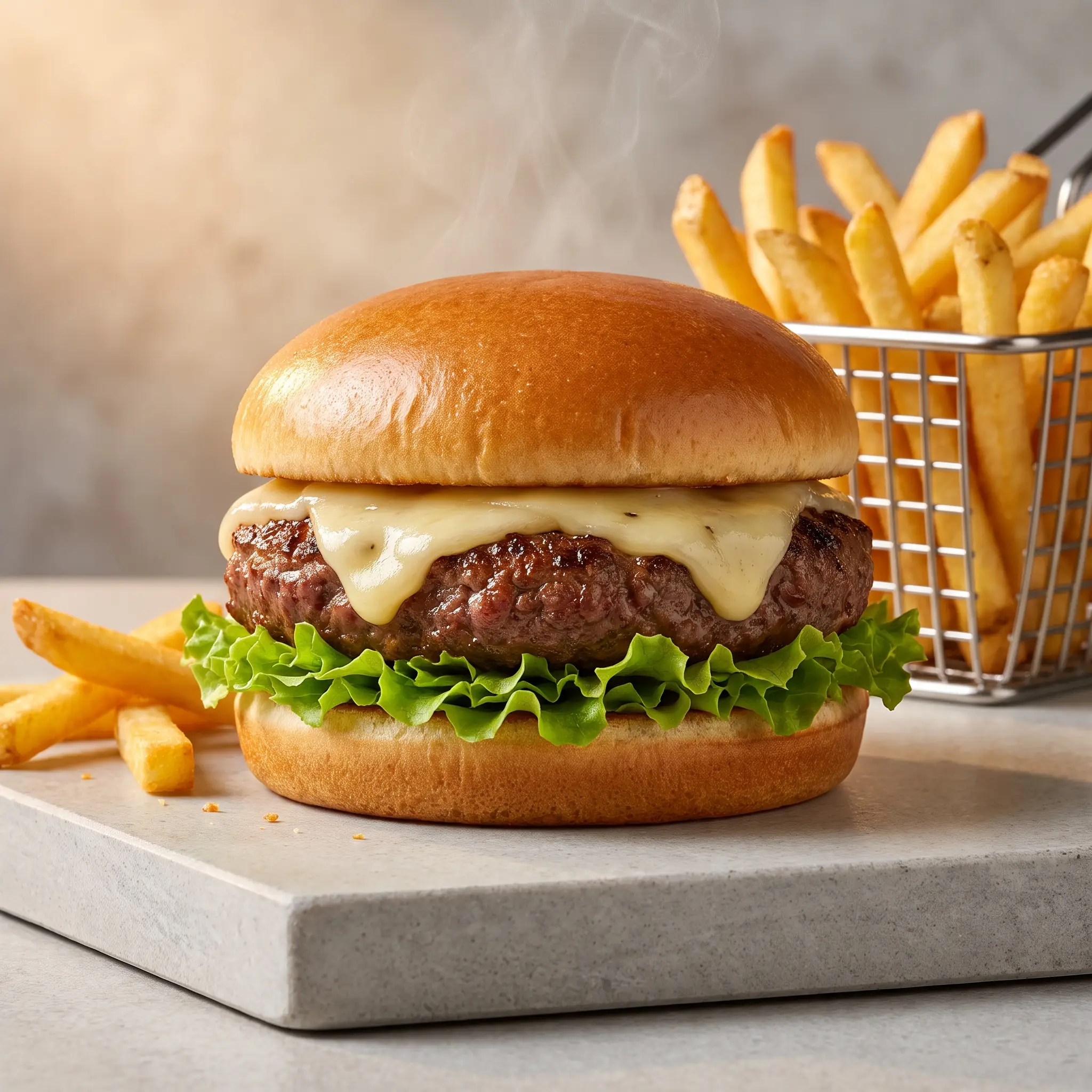 Gourmet cheeseburger with fries and steam