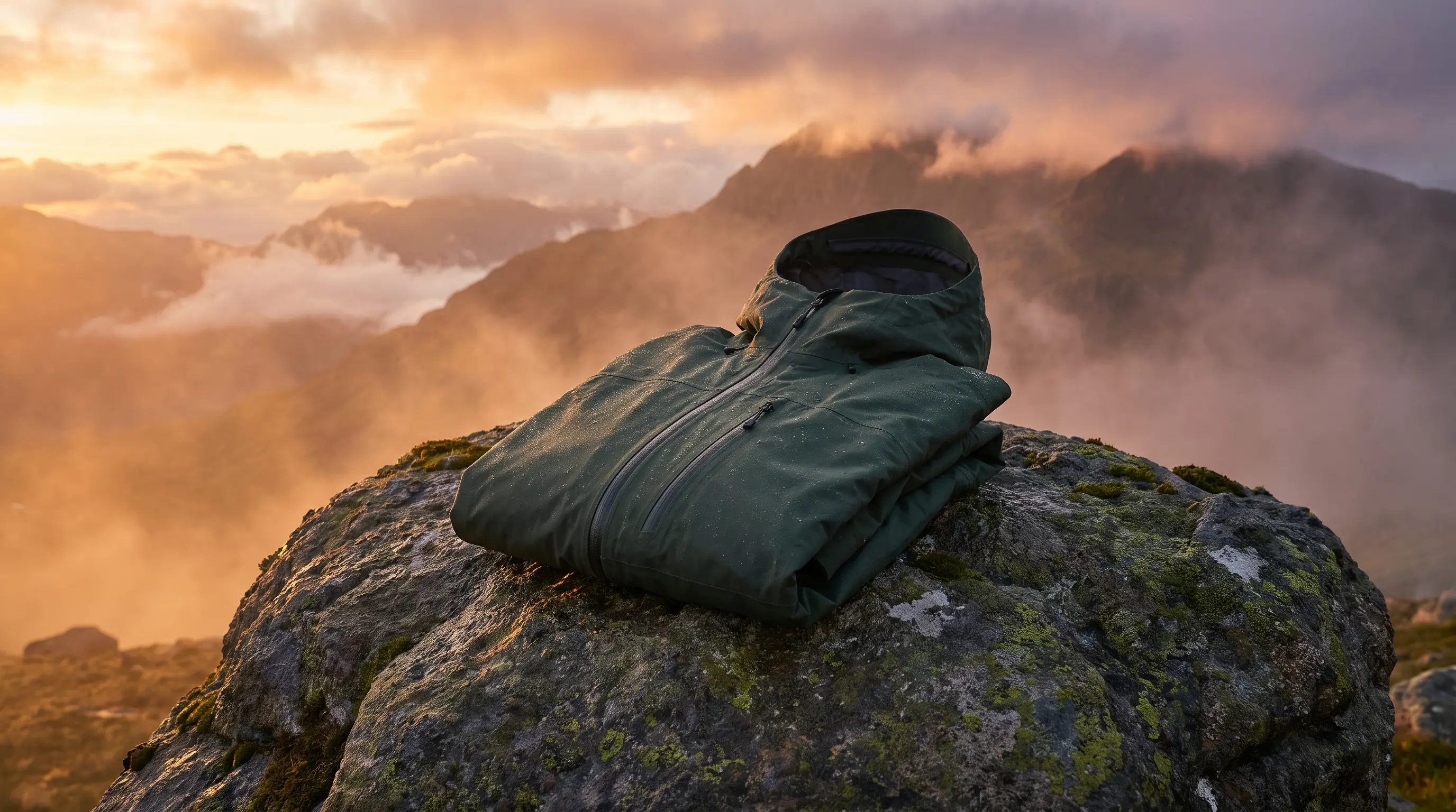 Technical jacket on a rock with mountains at sunrise