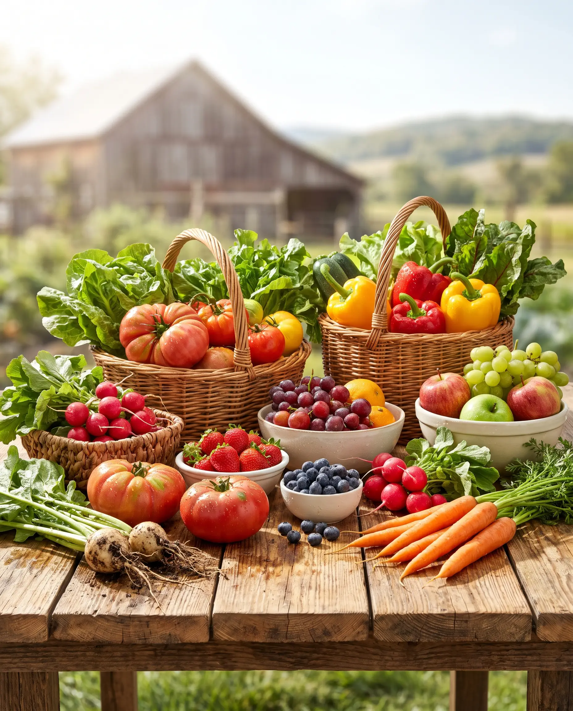 Fresh vegetables and fruit on a wooden table